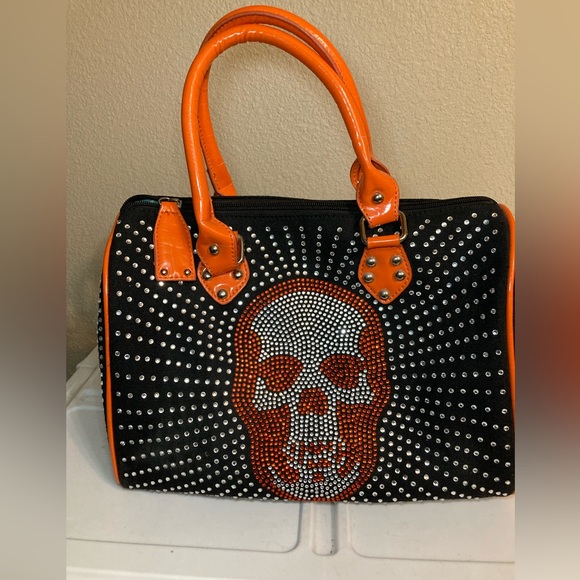 Handbags - Studded Skull Satchel Handbag - Orange and Black by Lany by You